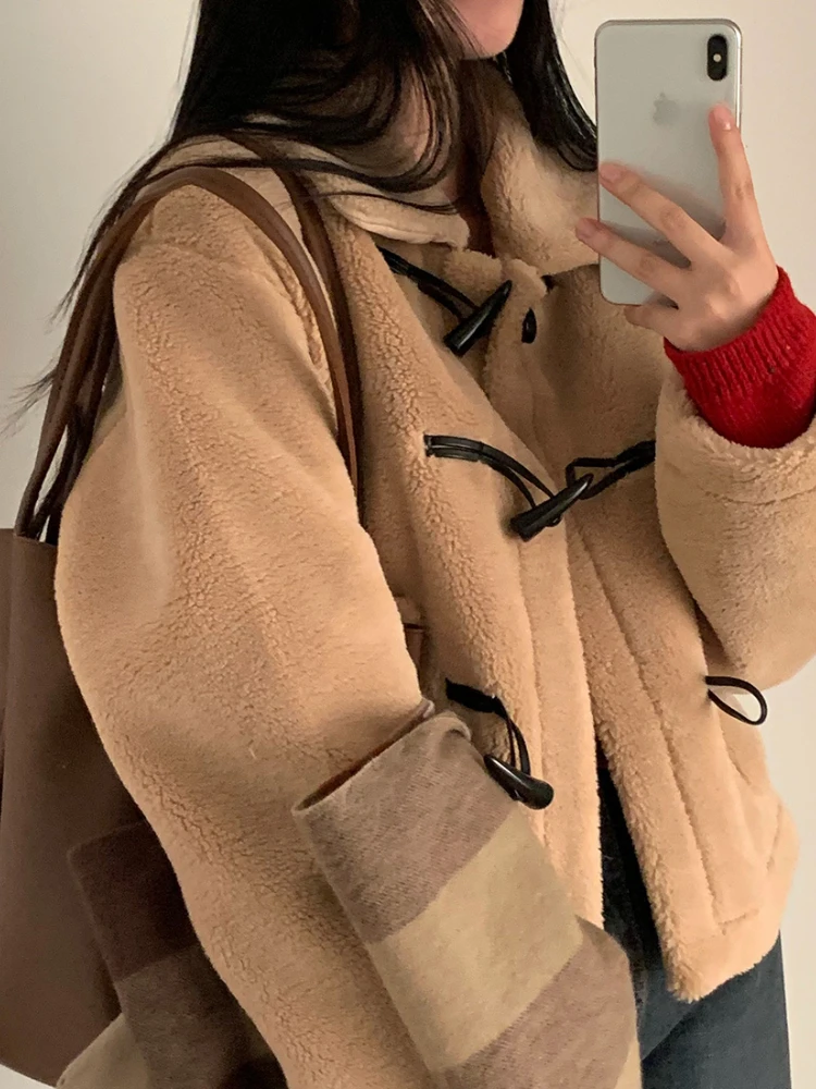 Korean Style Slouchy Warm Fur All-in-one Lamb Velvet Horn Button Loose Short Jacket Jaqueta Feminina Winter Clothes Women