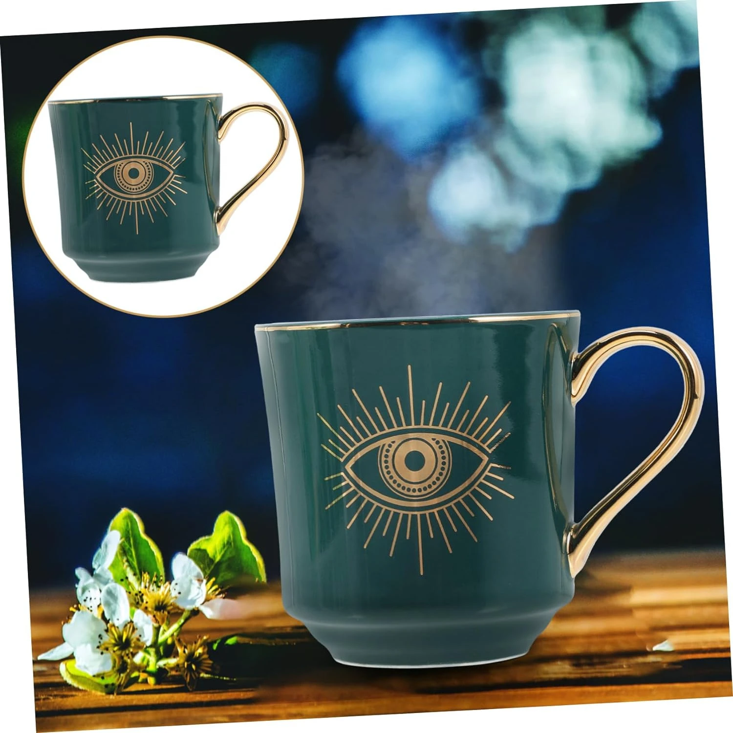 Beautiful and Elegant Set of 2 Unique Handcrafted Turkish Evil Eye Ceramic Coffee Cups - Stunning Ojo Turco Pottery Teacup and S