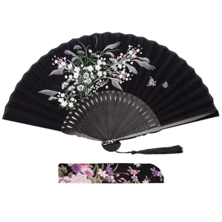 

Fabric Folding Hand Fan with Tassel and Pouch Elegant Foldable Handheld Fan for Women, Wedding Fans for Guests, Chinese and Jap