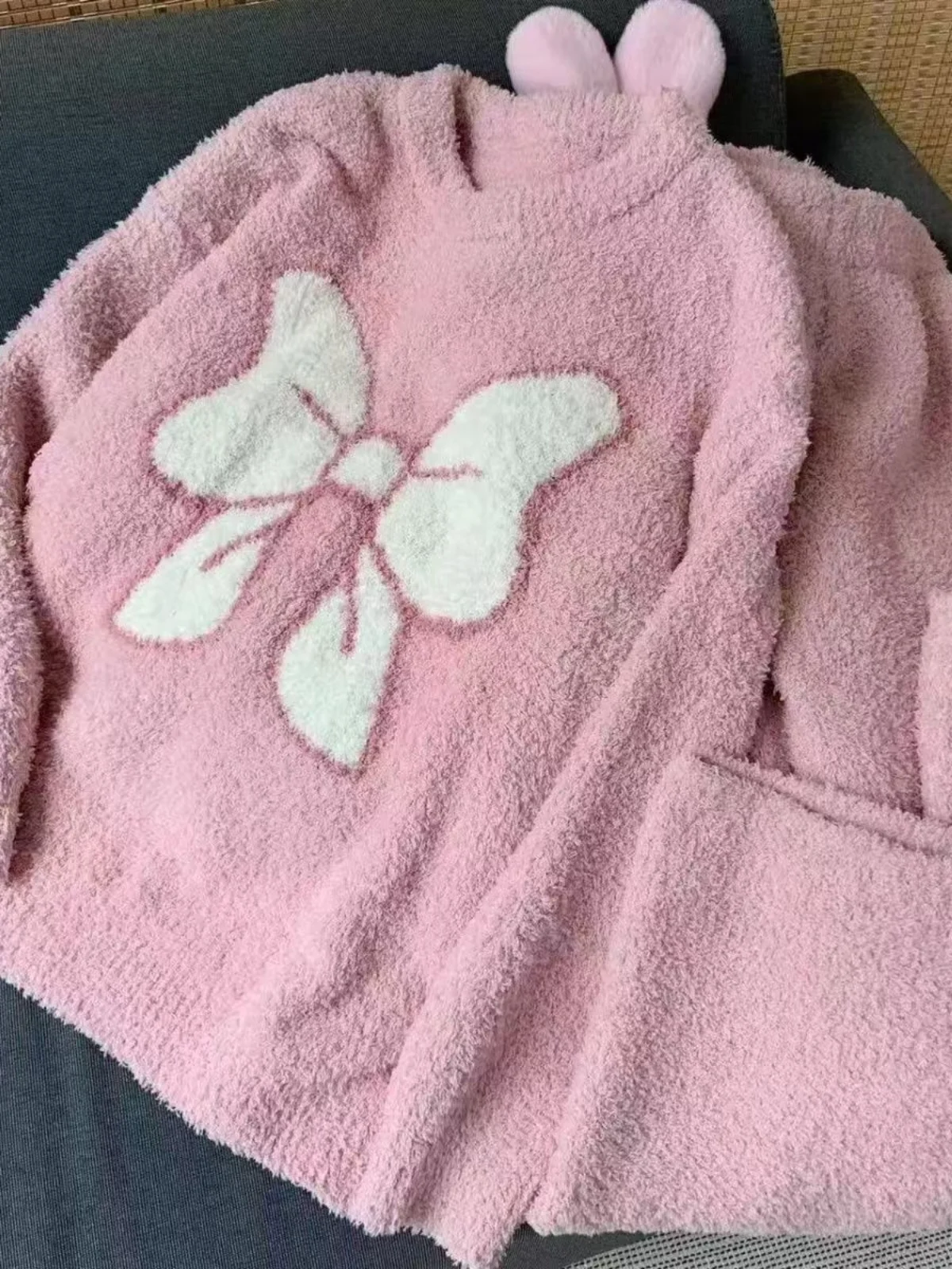 여성용 티엔드 플러피 스포츠웨어 세트, 매듭 장식 따뜻한 홈웨어 긴 소매 라운드 넥 파자마 세트