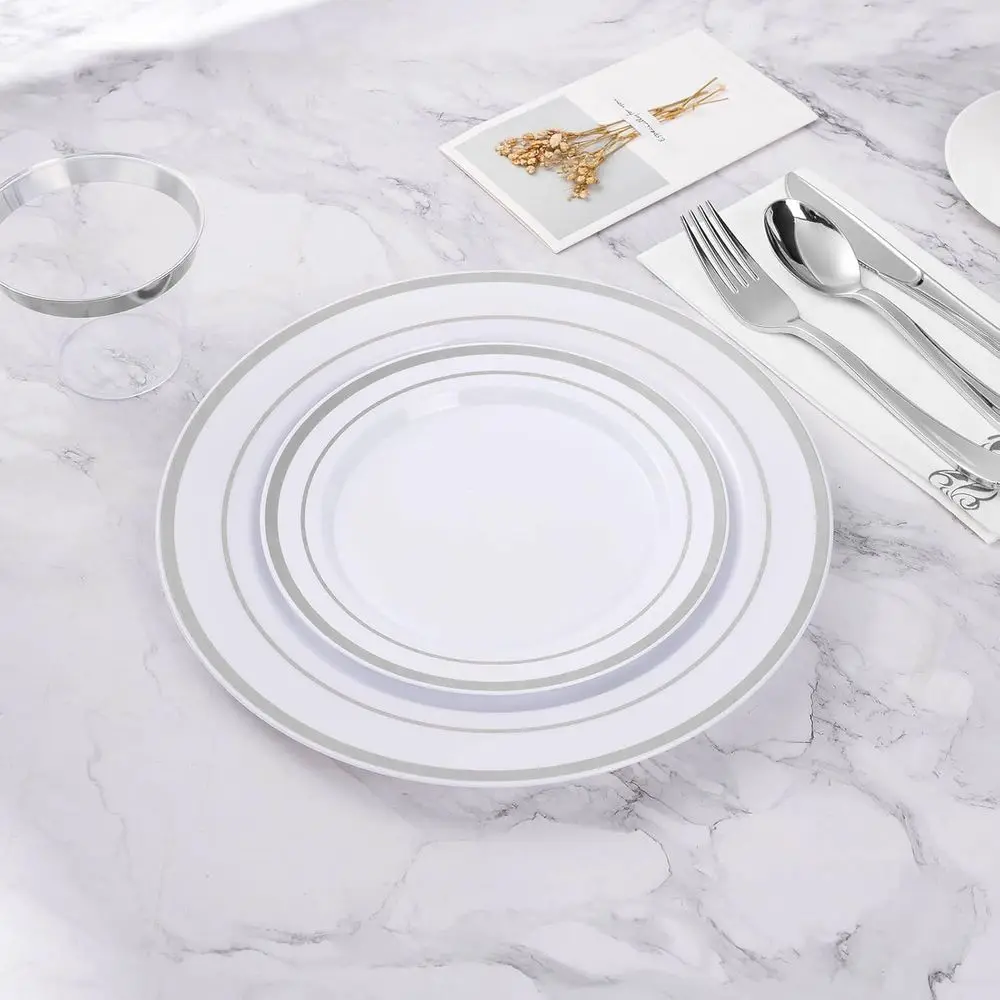 100 Dinner & 100 Dessert Disposable Silver Plastic Plates, Perfect for Parties, Weddings, and Birthdays