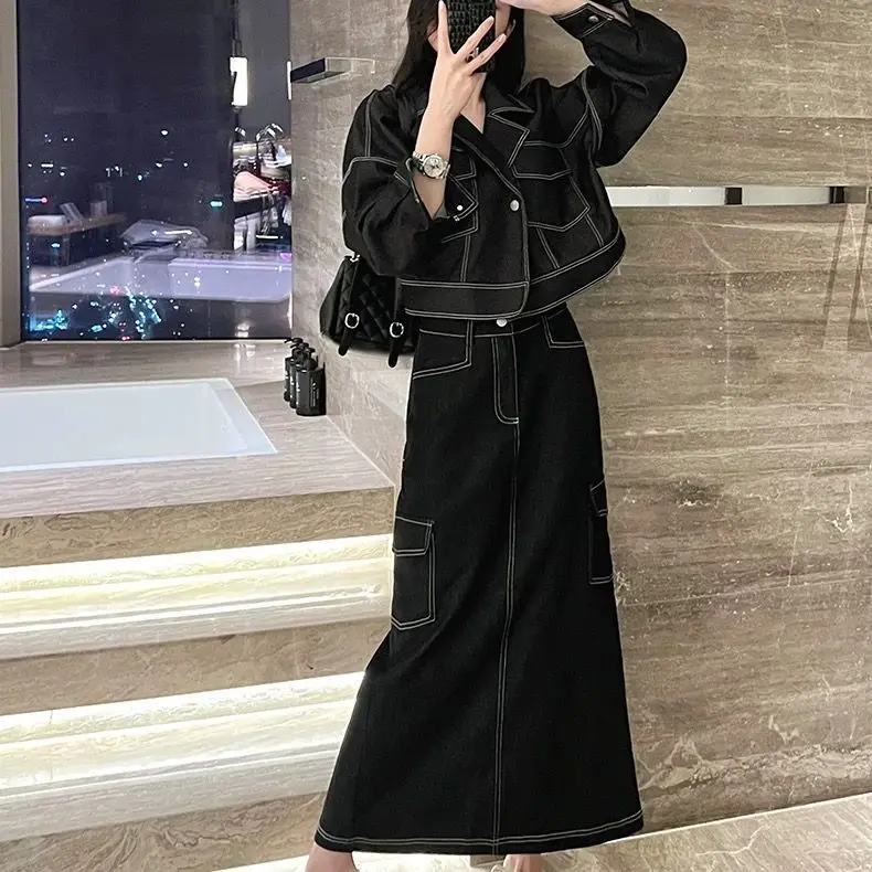 

Korean sweet and cool tooling casual black denim suit skirt two-piece set women's thin tide ins2025 new