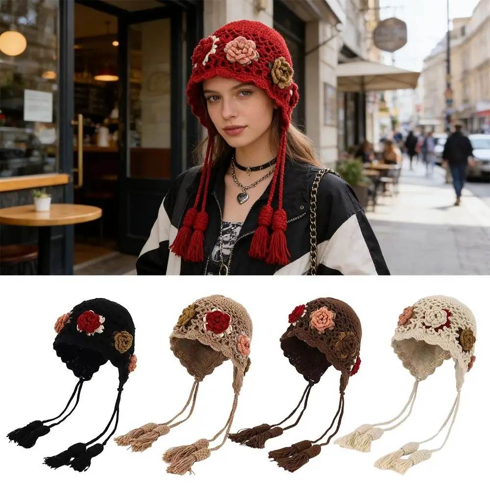 

Cute Tassels Crochet Knitted Hat Hollow Out Windproof Pullover Hat Bohemian Style Handmade Craft Ear Protection Hat Women