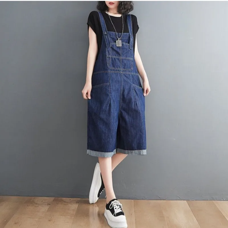 

Summer Denim Overalls Shorts For Women Casual Loose Pocket Wide Leg Jumpsuit Rompers Female Sleeveless Suspender Jeans Pants