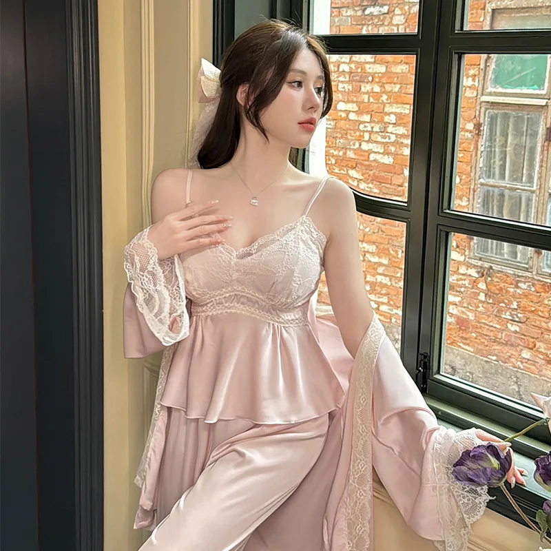 

Three Piece Lace Pajamas Set Spring Kimono Bathrobe Pyjamas Suit Elegant Women Sleepwear Robe&cami&pants Rayon Home Clothes