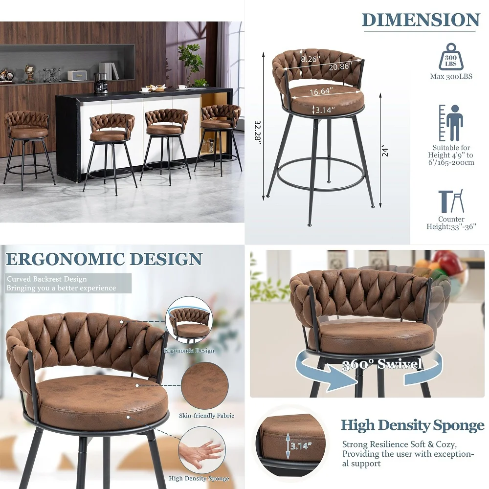 

Stools Set of 4, 24 inch Counter Height Stools 360 Swivel Barstools Counter Stools for Kitchen Island with Woven Back and Suede