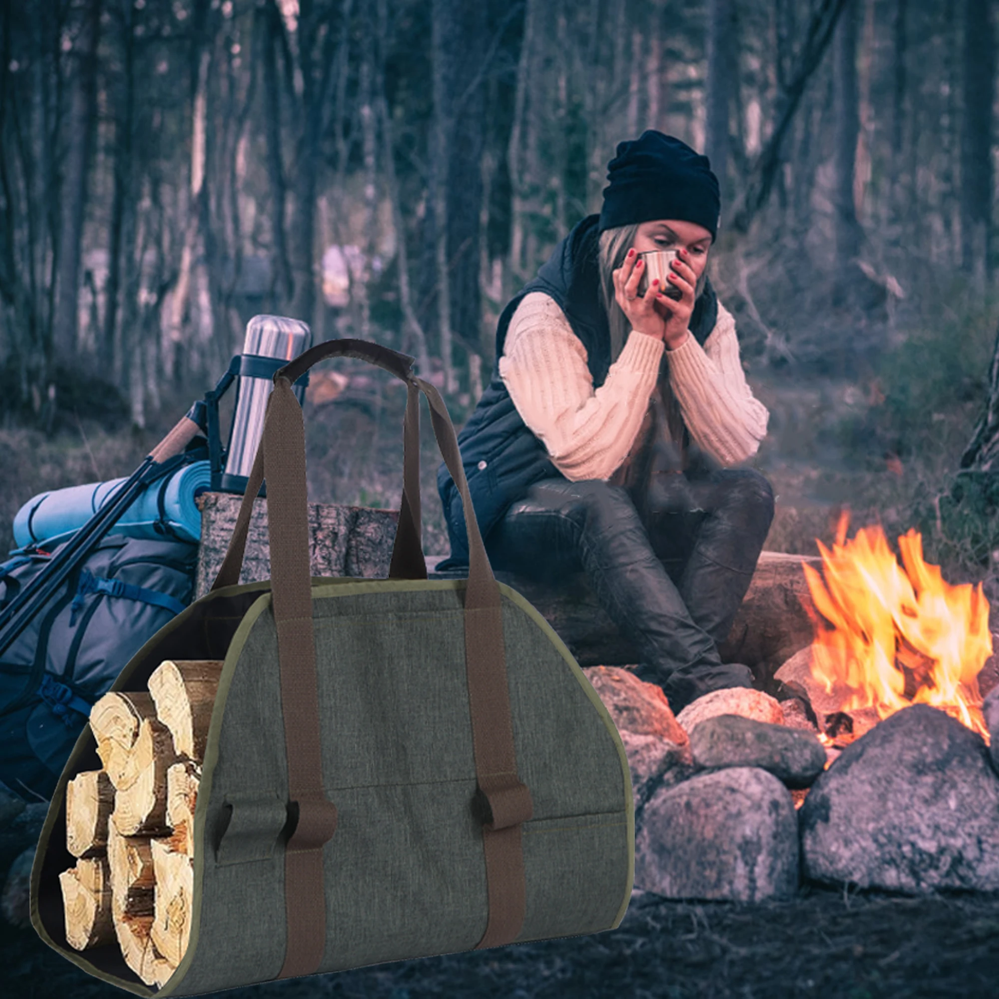 High Quality Large Capacity Canvas Firewood Bag Outdoor Log Carrying Bag Foldable Fireplace Tote Bag