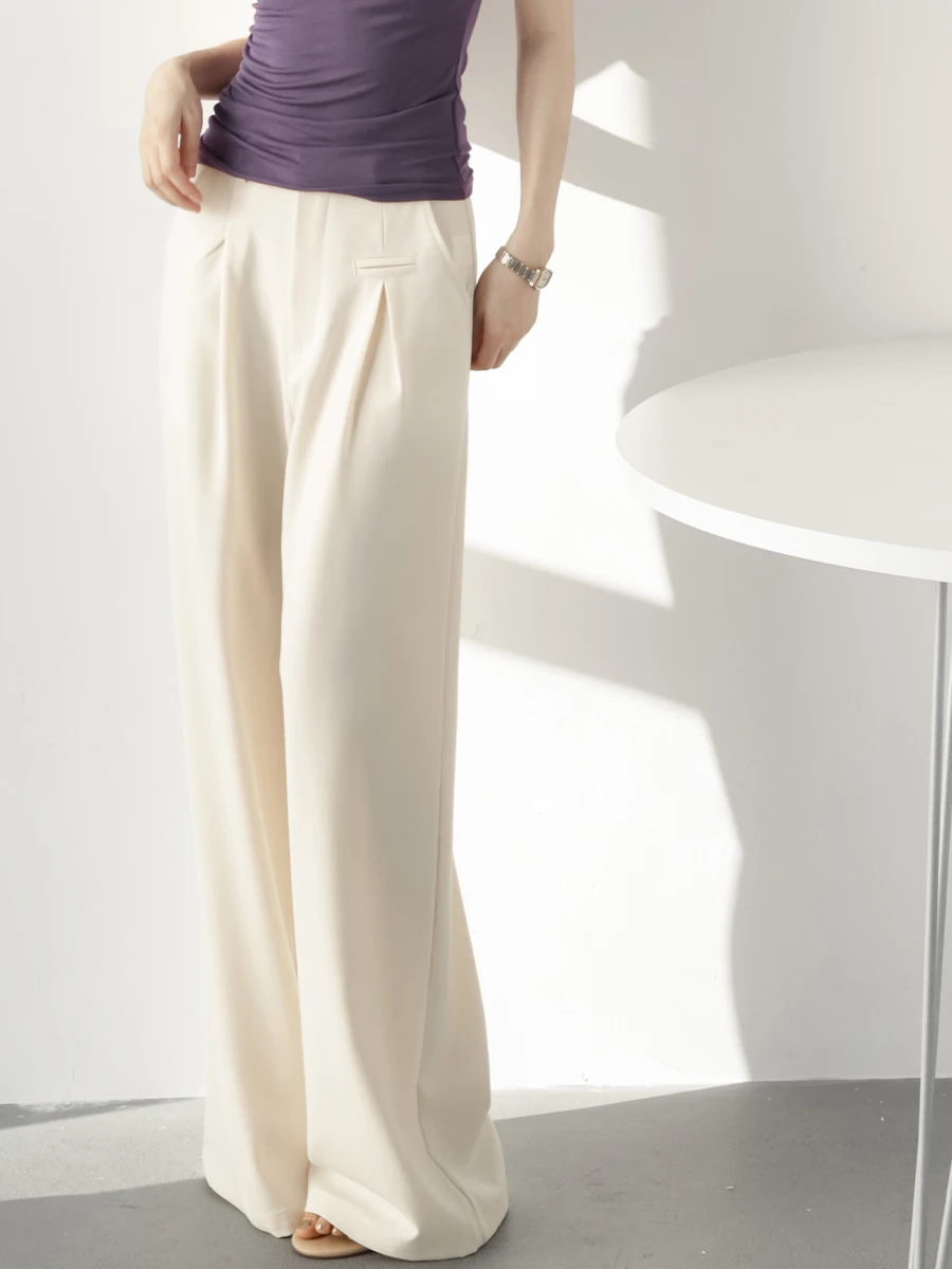 

High Waist Drapey Slimming Casual Straight Leg Pants Women's Strong Twist Woven Drapey Plain Weave Wide Leg Pants
