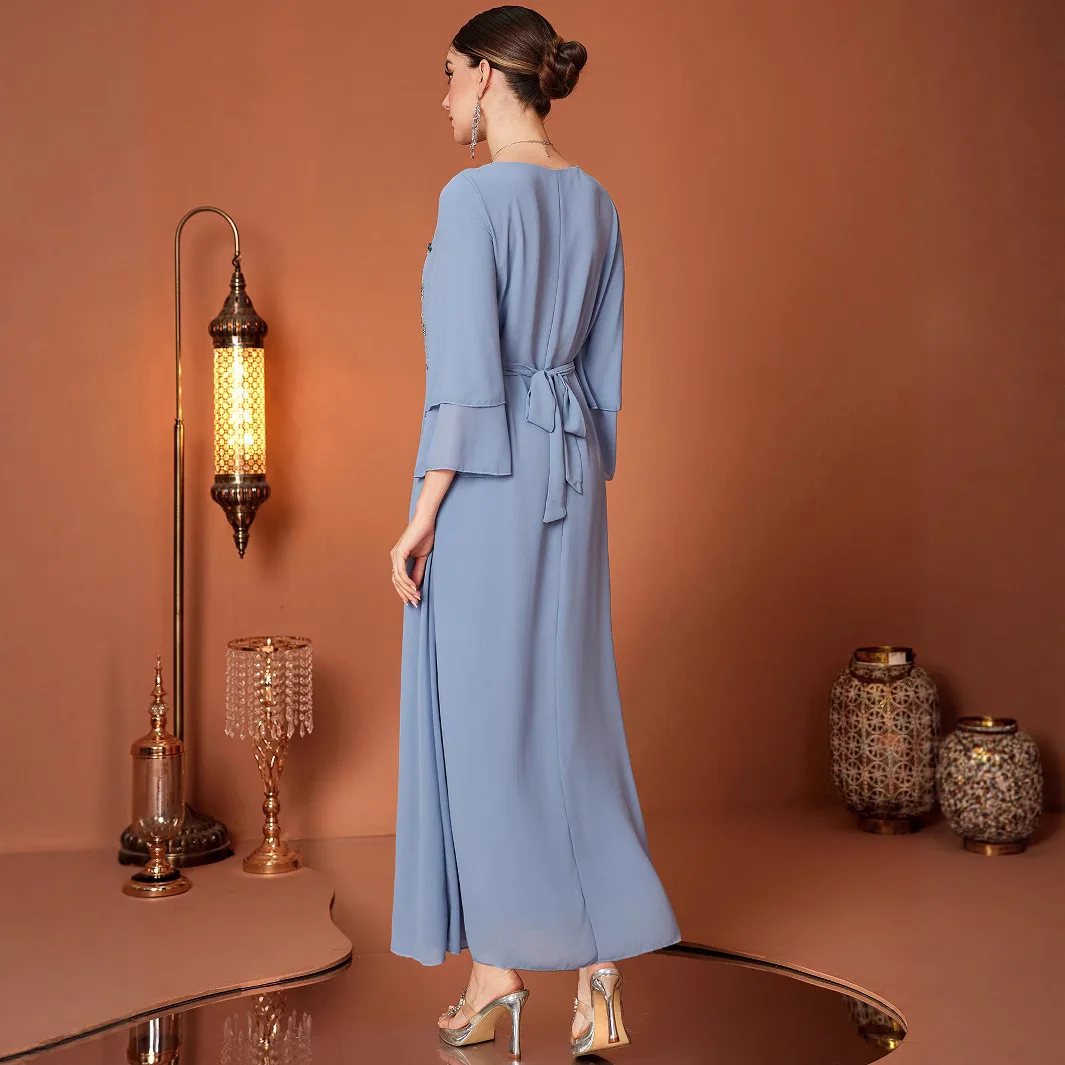 Middle East Fashion Muslim Female Clothes Women Light Blue Loose O-neck Long Sleeve Ankle Length Solid Color Sparkly Dresses