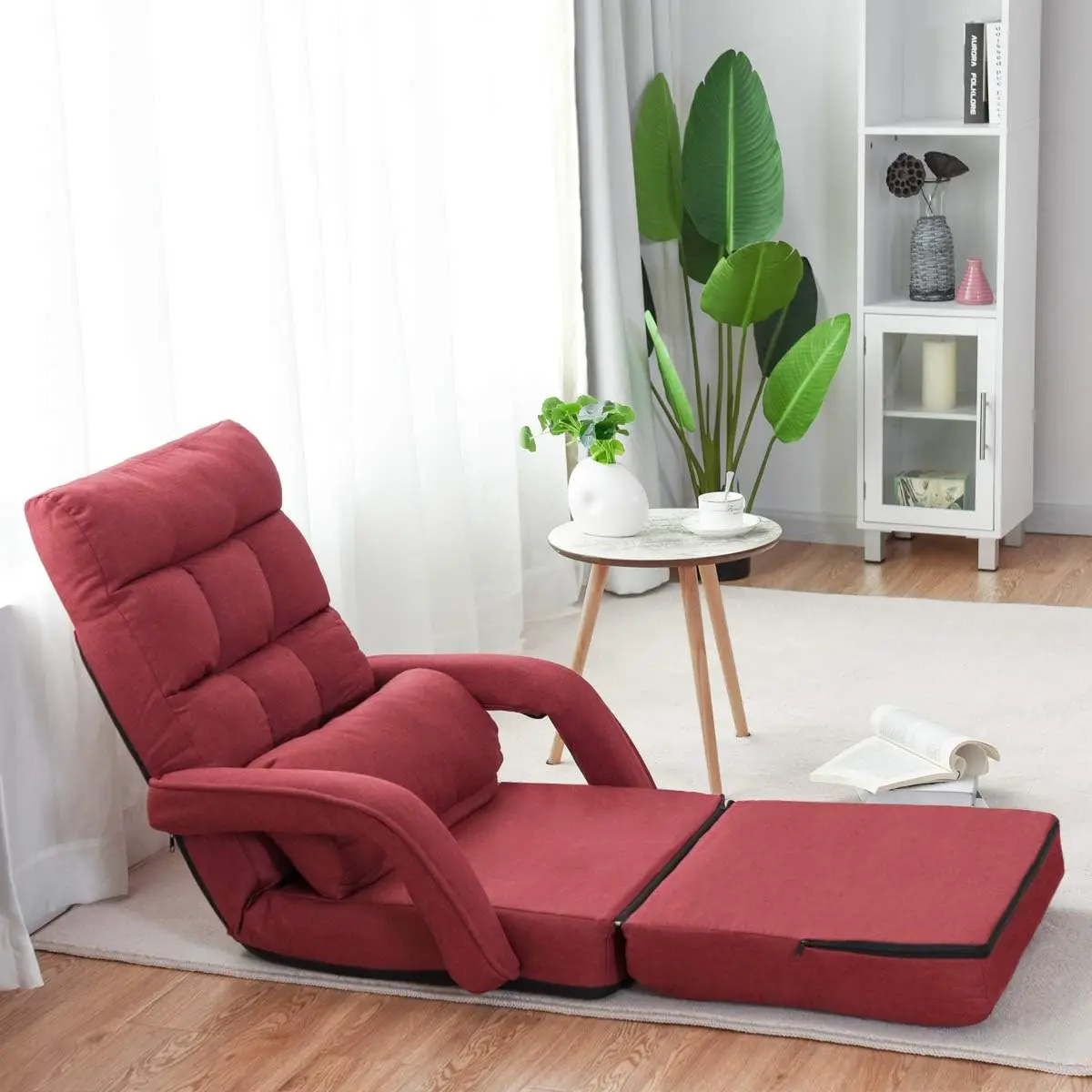 Folding Lazy Sofa Floor Chair, Indoor Chaise Lounger Bed with 6 Adjustable Position, Pillow, Living Room Lounge Couch(Red)