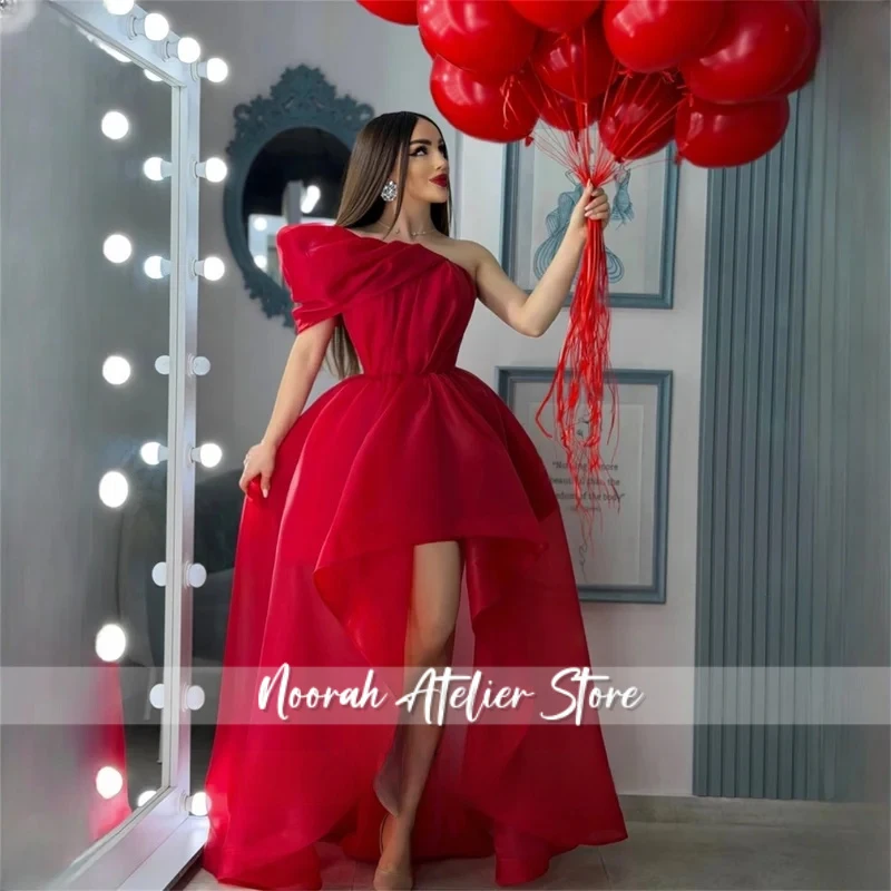 

Taffeta One-Shoulder Red A-Line Evening Dress 2026 Prom Dress Short Sleeve Ruffles Cocktail Party Elegant Gown Customized