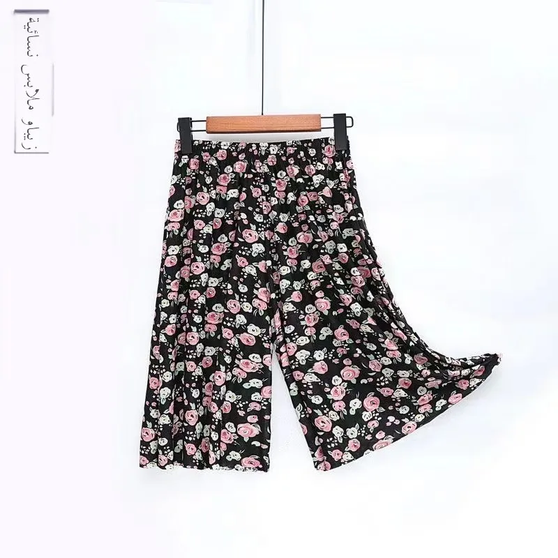 Summer Thin Casual Pants Ice Silk Elastic Waist Five-Point Pants Floral Print High Waist Skirt Pants for Middle-Aged Women
