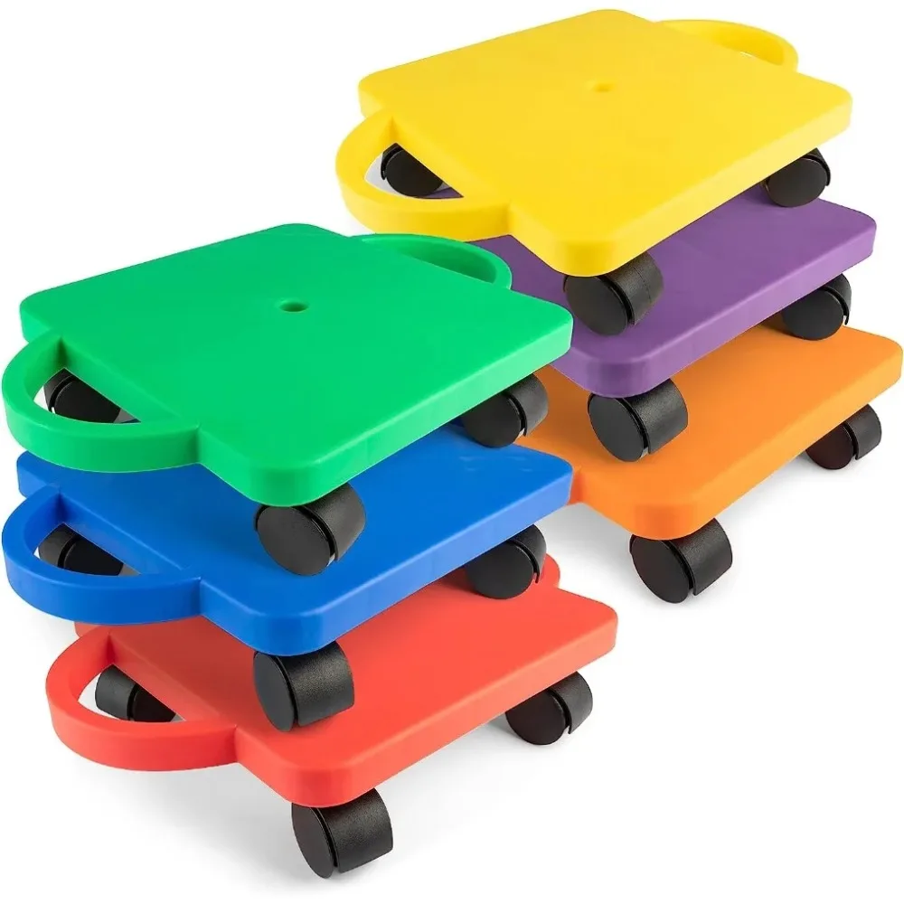 Scooter Board with Handles, Set of 6, Wide 12 x 12 Base - Multi-Colored, Fun Sports Scooters with Non-Marring Plastic Casters