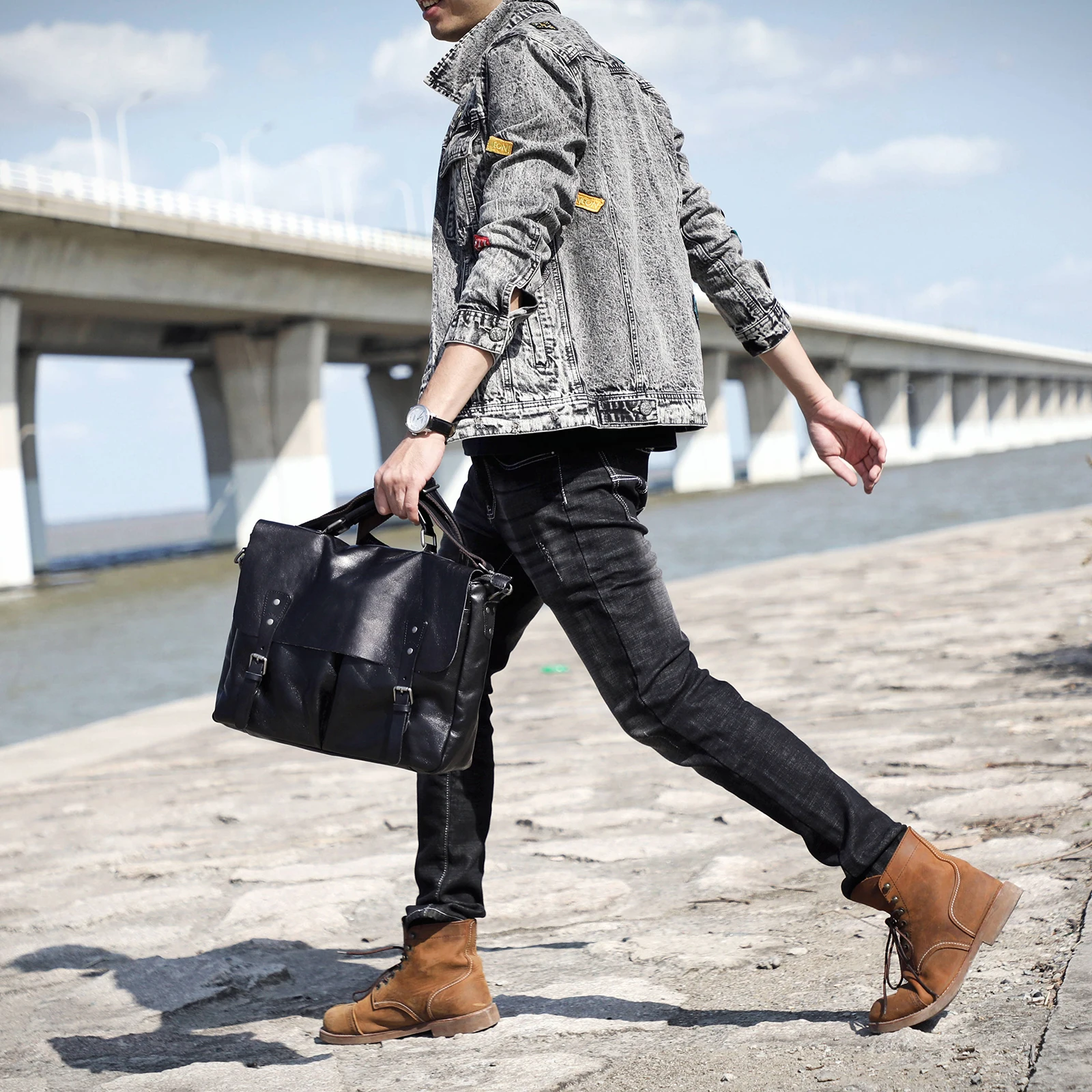 Echtleder Herren-Aktentasche 15 Zoll Laptop-Tasche Einfache Rindsleder-Umhängetasche Pflanzlich gegerbtes Leder Modischer Casual-Stil – Detail 3