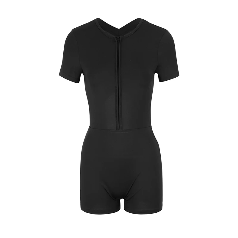 ربيع المرأة حللا جديد الشارع الشهير موضة قصيرة الأكمام سحابات حللا أسود مثير سيدة الخامس الرقبة الجوف خارج عارية الذراعين السروال القصير