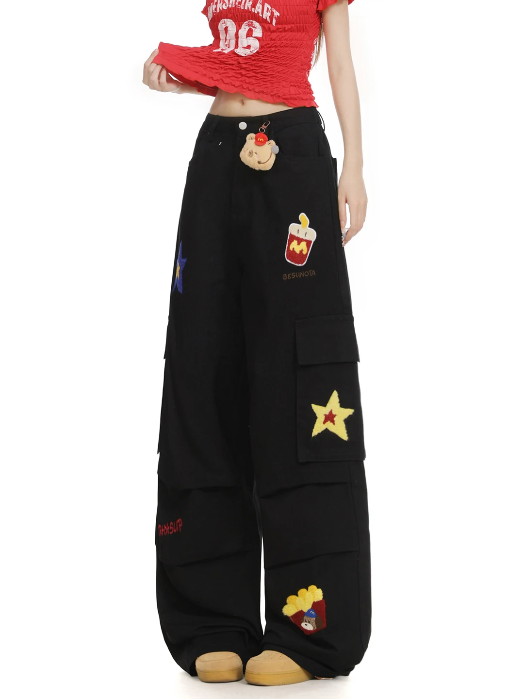 Pantaloni da lavoro Bla da donna primavera autunno pantaloni larghi pieghettati sottili a gamba larga dritti pantaloni casual ricamo asciugamano cartone animato