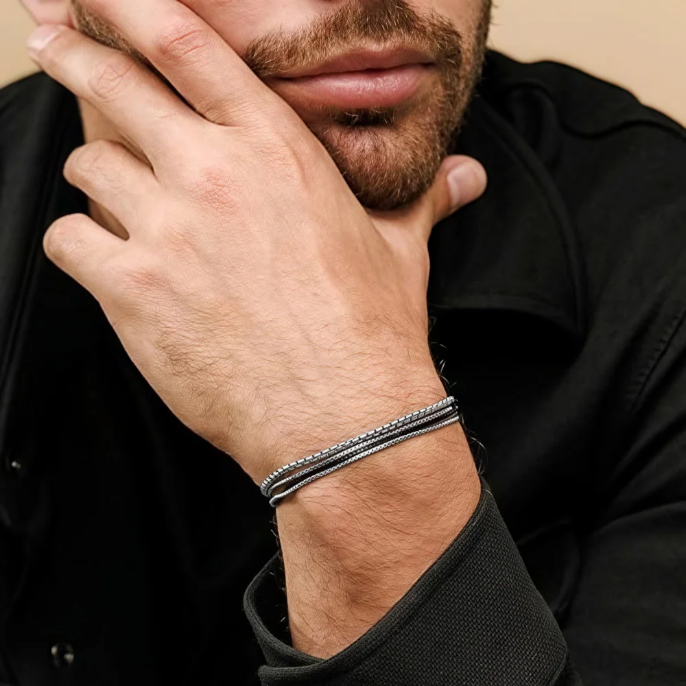 Hip-Hop Edelstahl Mehrschichtiges Kastenkette Armband Retro Schwarz-Weiß Wickelarmband für Männer Modeschmuck – Detail 1
