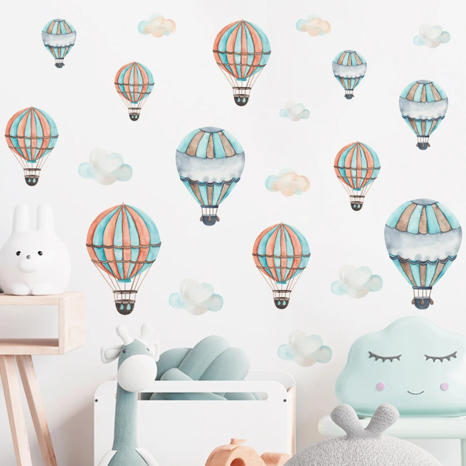 Cartoon Planes Transport Hot Air Balloons Clouds Watercolor Wall Sticker Vinyl Baby Nursery Art Decals for Kids Room Home Decor