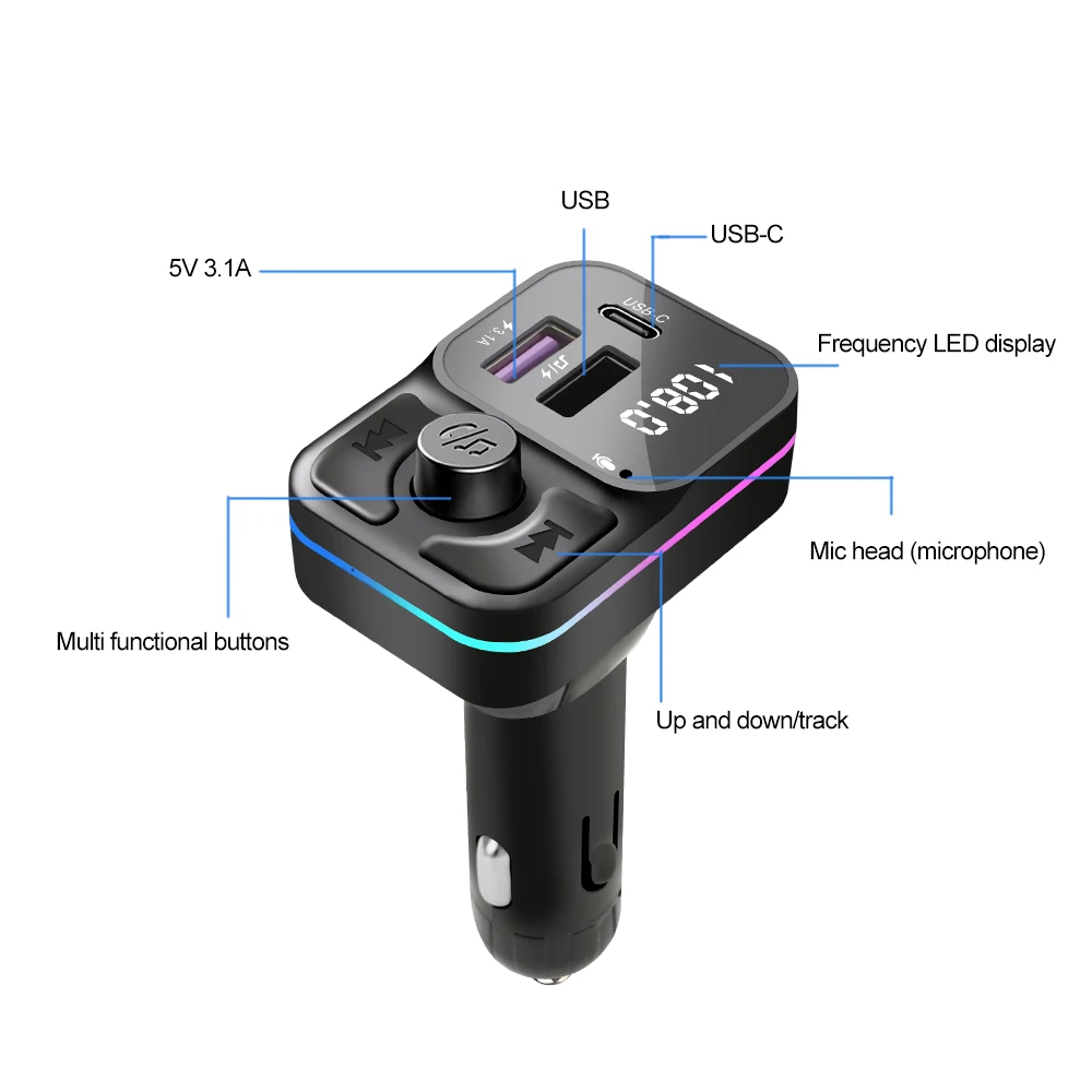 Transmetteur FM Bluetooth 5.0 pour Voiture, Lecteur MP3, Touriste, USB C Type C, Chargeur de Téléphone, Adaptateur de Charge Rapide, Kit d'Appel Mains Libres