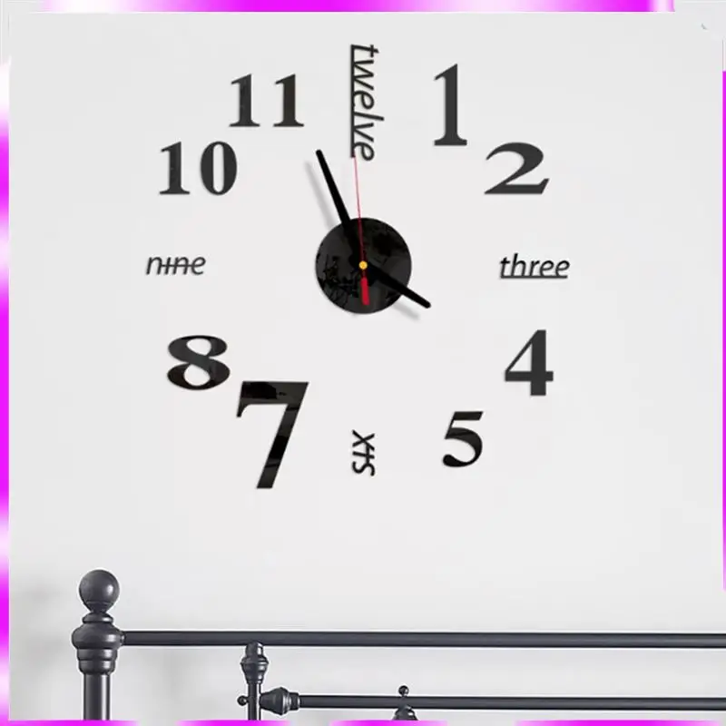 

N98R 2X 3D DIY Wall Clock Modern Design Large Acrylic Clocks Home Sticker Room Decor Clock On The Wall Numbers-Black