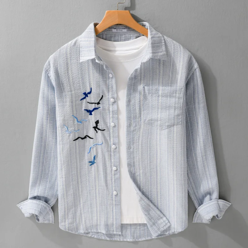 

Men's Trendy Chinese-style Embroidered Long Sleeve Shirt 2025 Autumn New Male Youth Casual Versatile Literary Loose Top