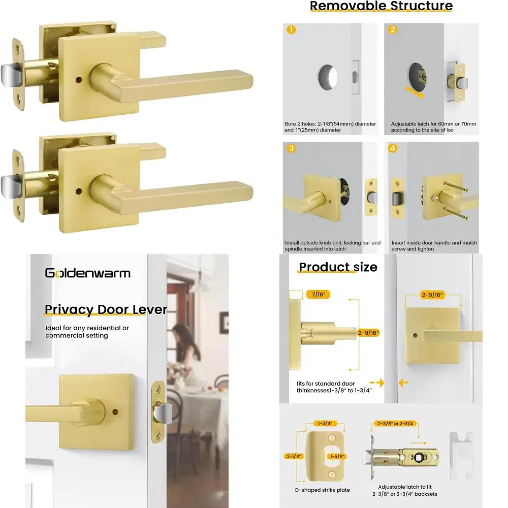 

Sturdy Zinc Alloy Brushed Gold Door Handles, Modern Square Design for Privacy in Bedrooms and Bathrooms (2-Pack)