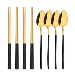 Korean 8Pcs Tableware Set High Quality Stainless Steel Dinner Set Black Gold Luxury Dinnerware Spoon Chopsticks Cutlery Set