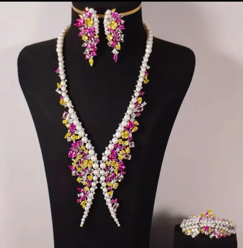 

ZOCA Luxury 925 sterling silver colorful zirconia natural shell pearl necklace, earring bracelet set for women