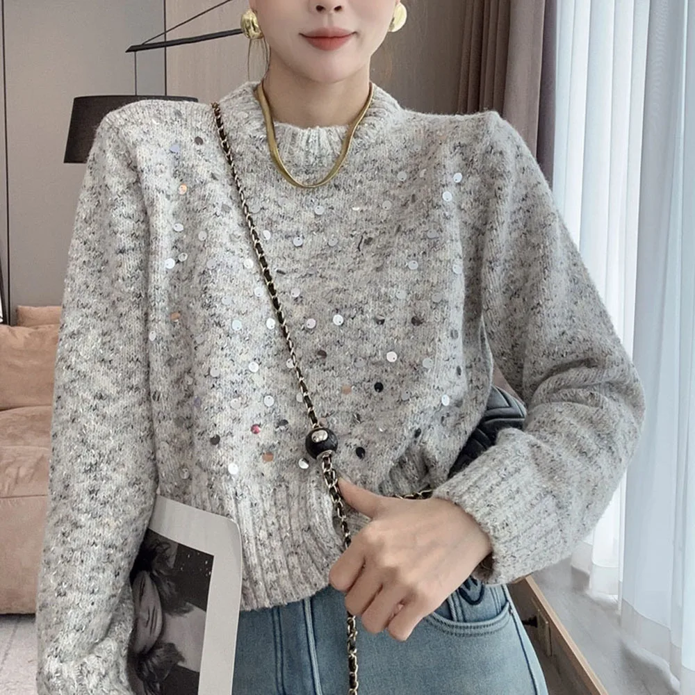 Fashion Sequin Women Sweater O Neck Loose Simple Chic Short Pullovers Korean Casual Long Sleeve Tops New Ladies Elegant Jumpers