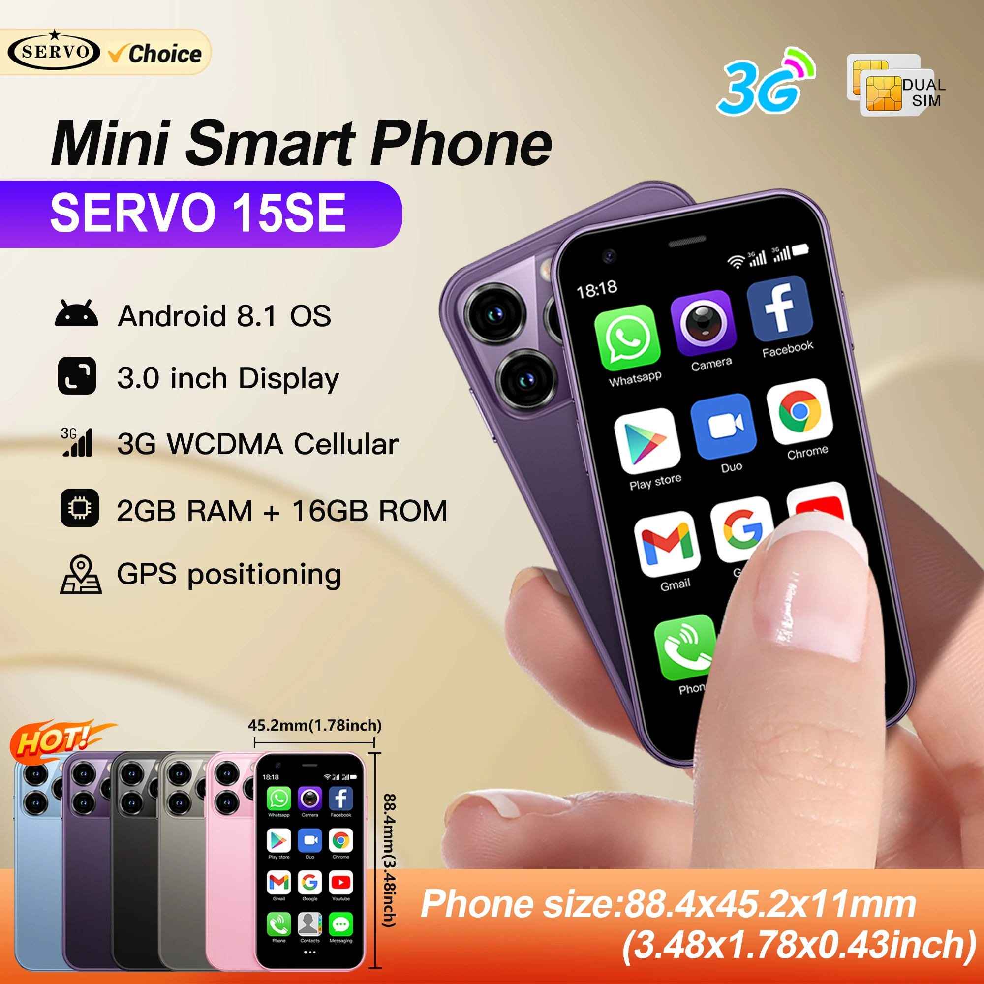 SERVO 15SE Mini Smartphone 3G WCDMA WiFi Hotspot Android OS Play Store WhatsAPP 2GB+16GB 2 SIM Card 3.0'' Super Small Smart Phone