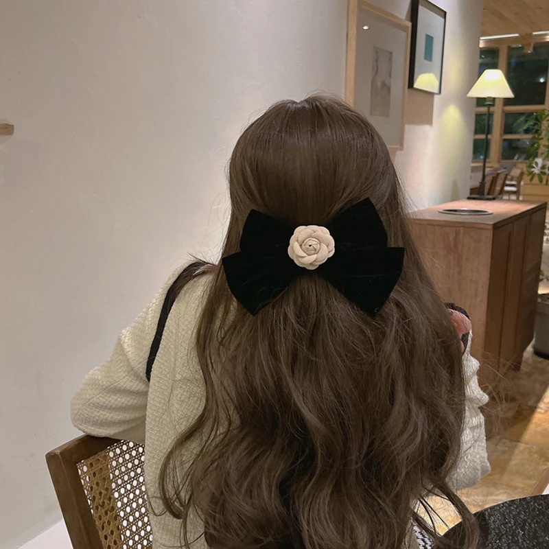 Pinza para el pelo con lazo grande de terciopelo negro Vintage para mujer y niña, Cinta Larga para boda, horquillas coreanas, pasador, accesorios