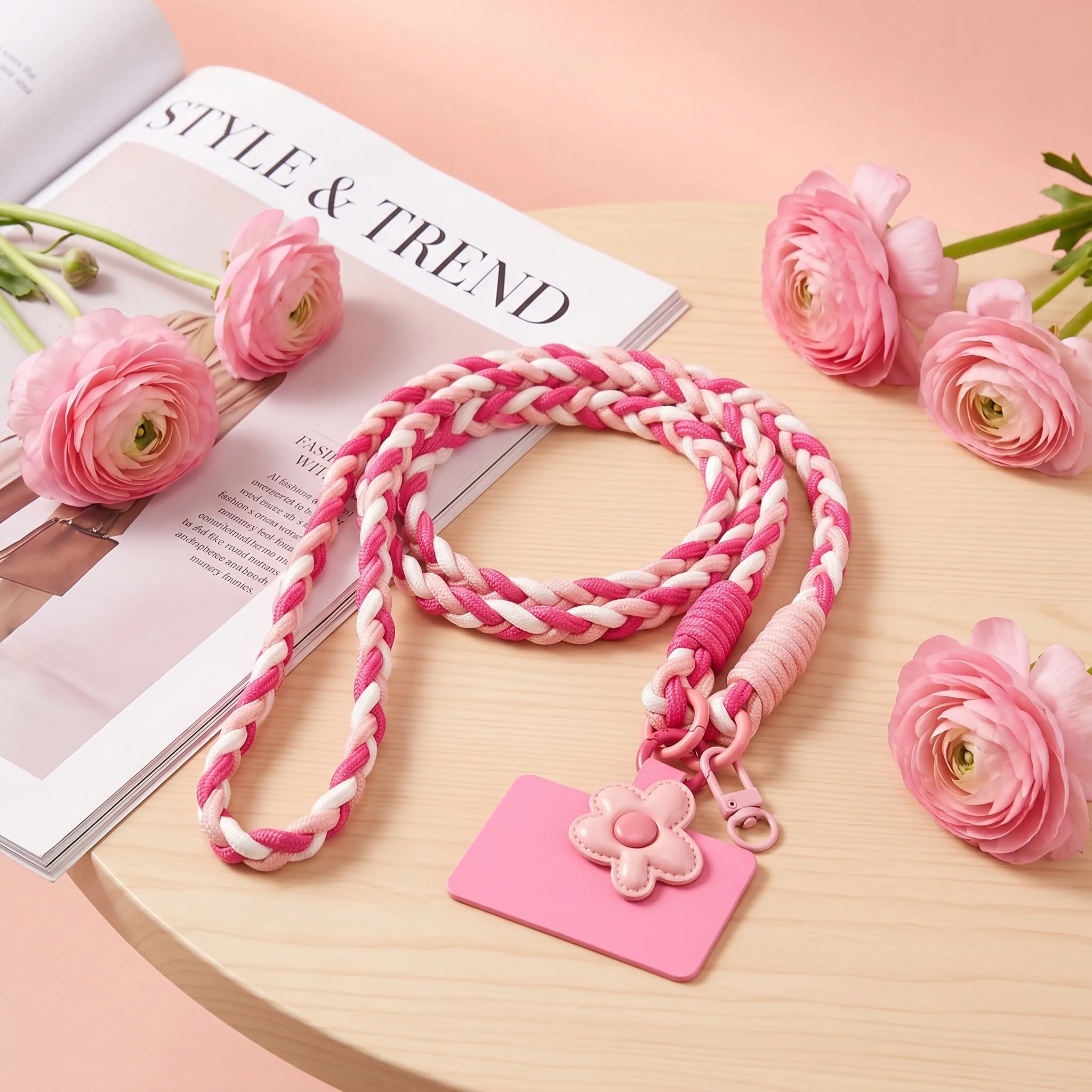 

Colorful Braided Rope Phone Lanyard Strap Flower Charms Weaving Keychain Lanyard With Tether Tab for Women