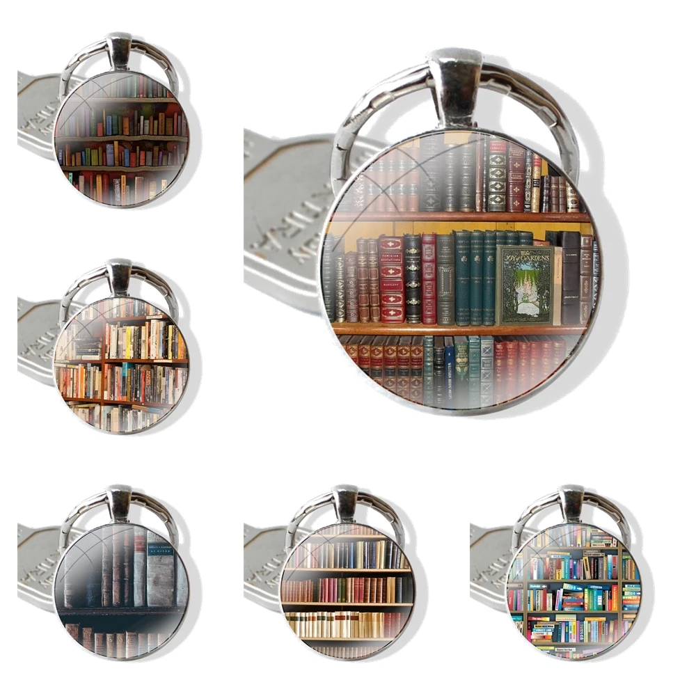 Library book shelf Colorful Keychain Handmade Glass Cabochon Key Ring Holder Pendant Key Chains