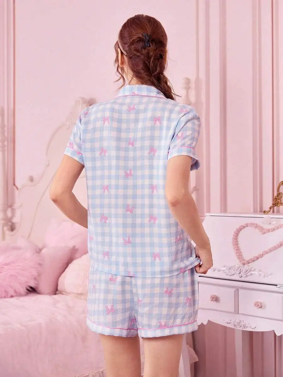 

Women Plaid Bow Print Short Sleeve Pajama Set Button Up Top And Shorts Sleepwear Spring Summer