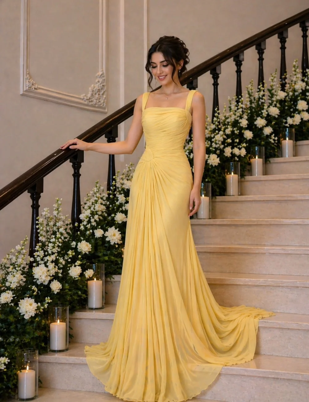 

Customized Yellow Pleat Ruched Draped Chiffon A-line Square Neck Floor-Length Evening Dresses For Birthday Party High Quality