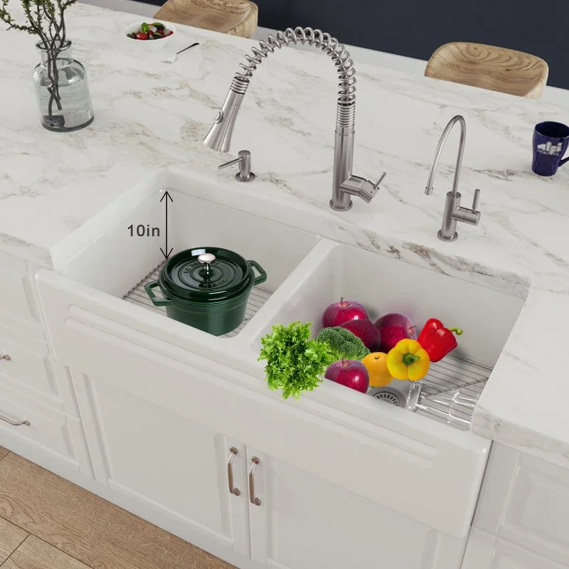 High quality 33 inch double bowl ceramic white rectangular apron in front of the farmhouse kitchen sink