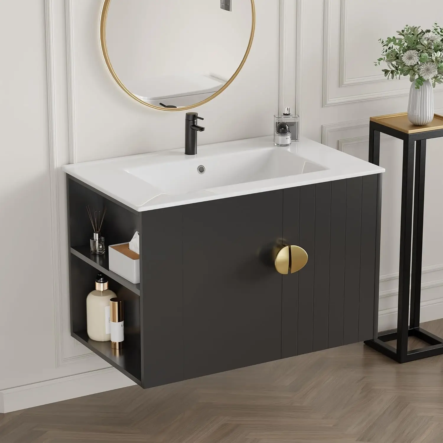 30 Inch Floating Vanity Bathroom with Sink, Black Bathroom Vanity Cabinet Combo with Ceramics Sink Top