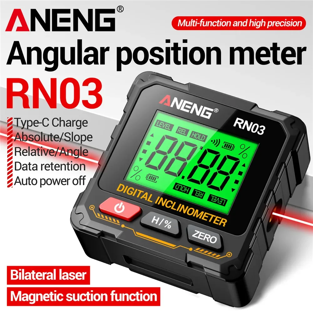 Magnetic Digital Angle Finder ANENG RN03 Laser Inclinometer Rechargeable USB Protractor Level Angle Ruler Angle Measurement