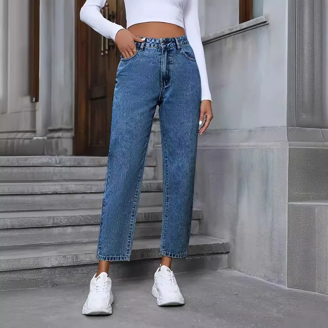 

Women Distressed Vintage Jeans Straight High Waist Ankle Length Pants Washed Denim Jean Zipper Fly Spliced Loose Fit Basics