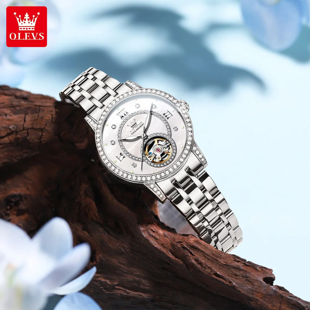 OLEVS 7036 Woman Watch Luxury Full Diamond Automatic Watch for Women Stainless Steel Flywheel Hollowed Ladies' Mechanical Watch