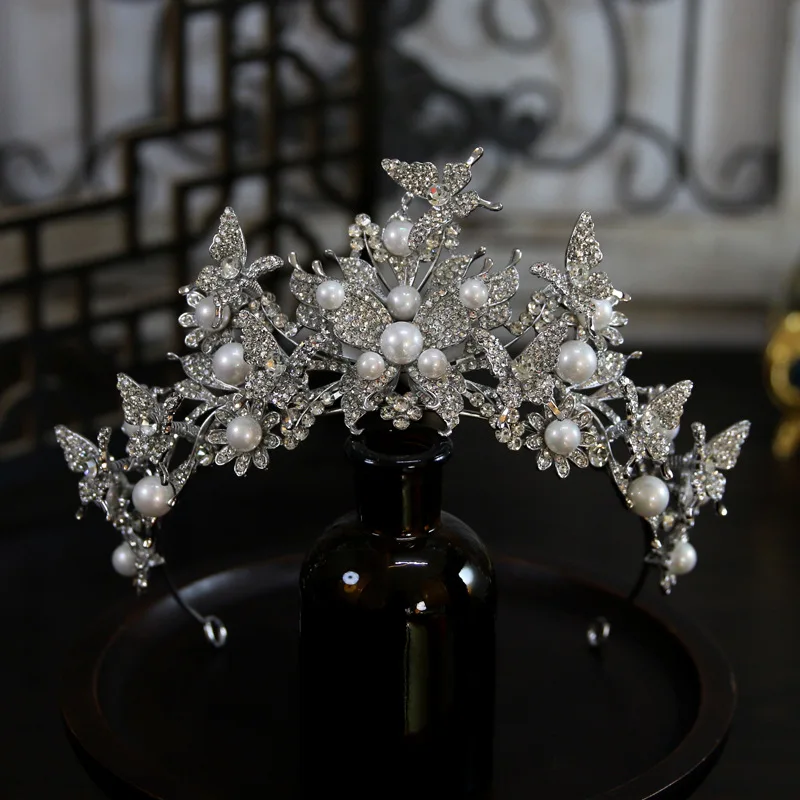 

Роскошная свадебная корона CC Pearl Crown с блестящими бабочками, головной убор для невесты, тиара, украшение для волос, ювелирные изделия