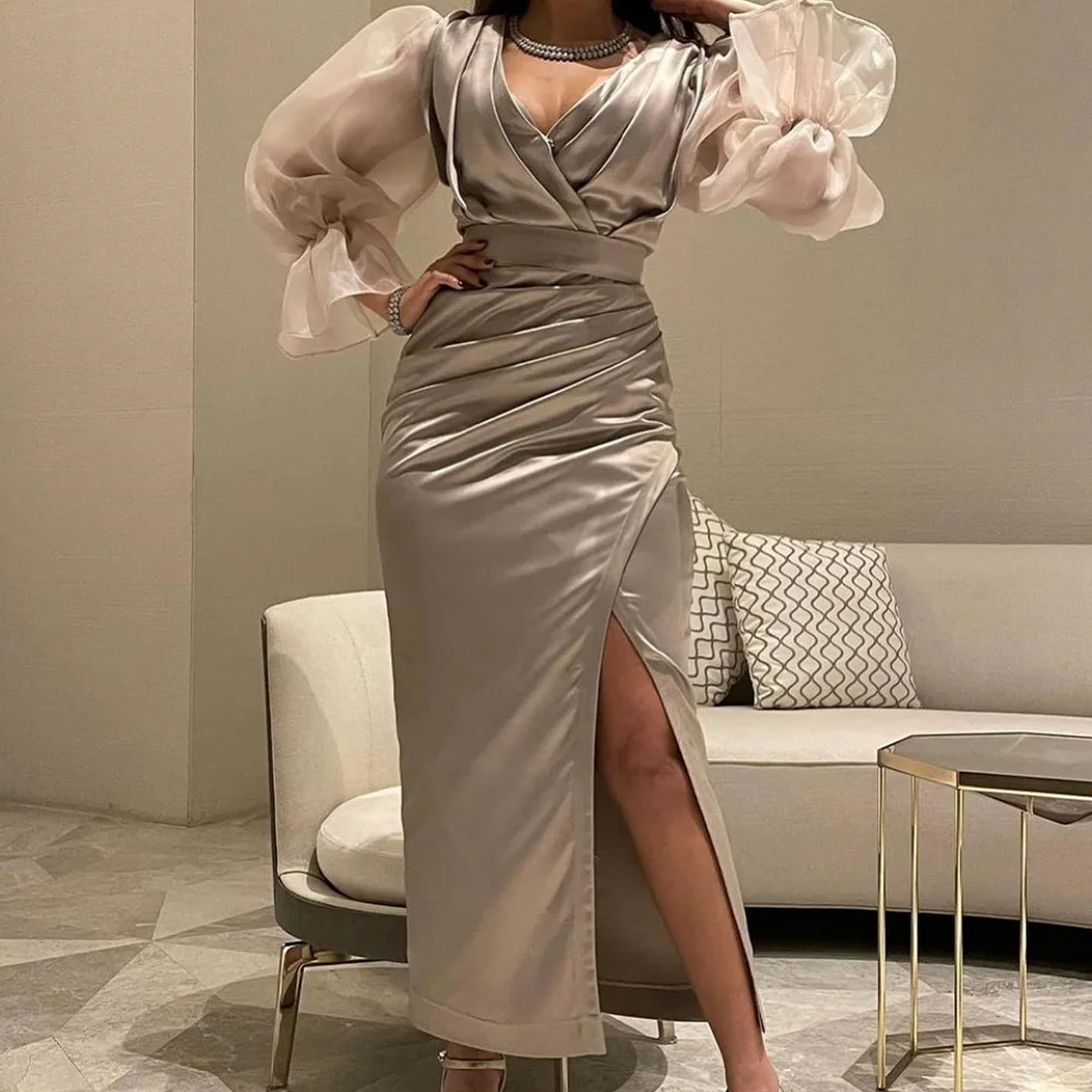 Customized High Quality V-Neck Satin Long Sleeves Pleats Evening Dresses Elegant Ankle Length Celebrity Gowns Vestido De Noche