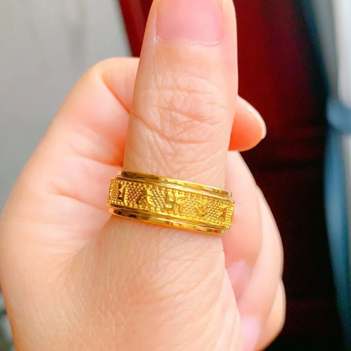 8mm Auspicious Eight-Treasure Ring Men 24K Gold AU999 - Round edge, 8mm comfortable, clear characters