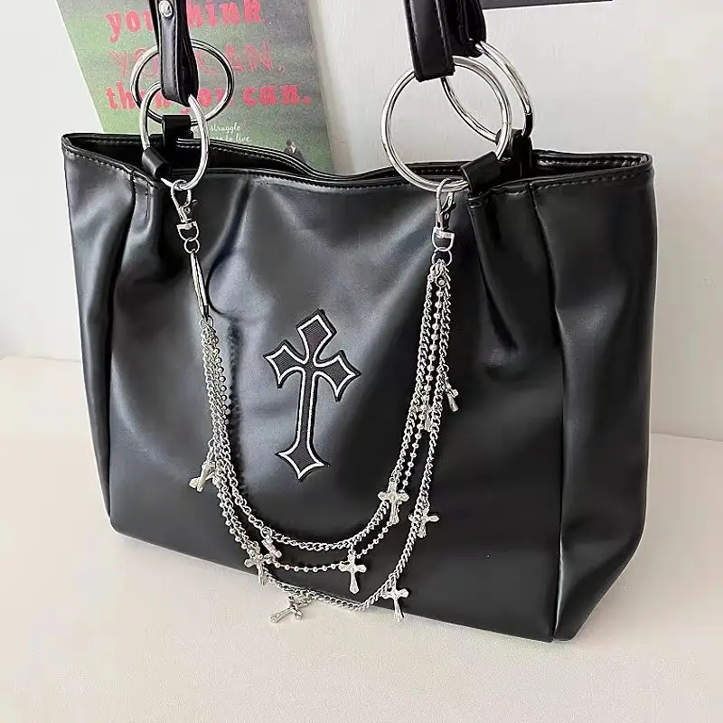 Large Capacity Women\'s Gothic Black Tote Bag Y2k Hot Girls Chain Shoulder Bags Fashion Pu Leather Female Travel Handbags Purse