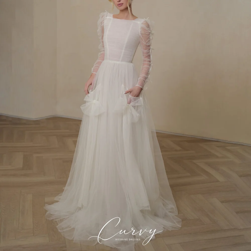 Curvy Romantic Vintage Tulle Bridal Dress Square Neck Sheer Ruched Long Sleeves Bow Pockets A-Line Back Button Wedding Dress