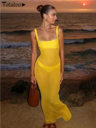 Totatoop Transparent Mesh Beach Cover Up Maxi Dress For Women 2024 Summer Strap Square Neck Slim Long Dress Coverups Yellow