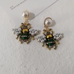 Vintage Big Statement Crystal Bee Pearl Drop Dangle Earring Jewelry  For Women