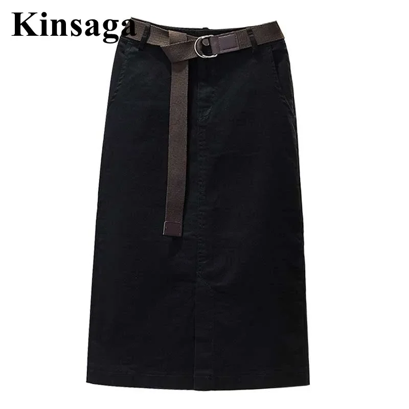 Woman Dark Green Straight Midi Skirts with Belt 4XL Spring Fall Elegant Korean Front Split Mid-length Sashes Belted Pencil Skirt