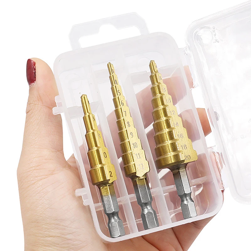 

3PCS Hexagonal Handle Straight Slot Titanium Plated Step Drill 3-12/4-12/4-20 Boxed Reaming Step Drill Pagoda Drill Set