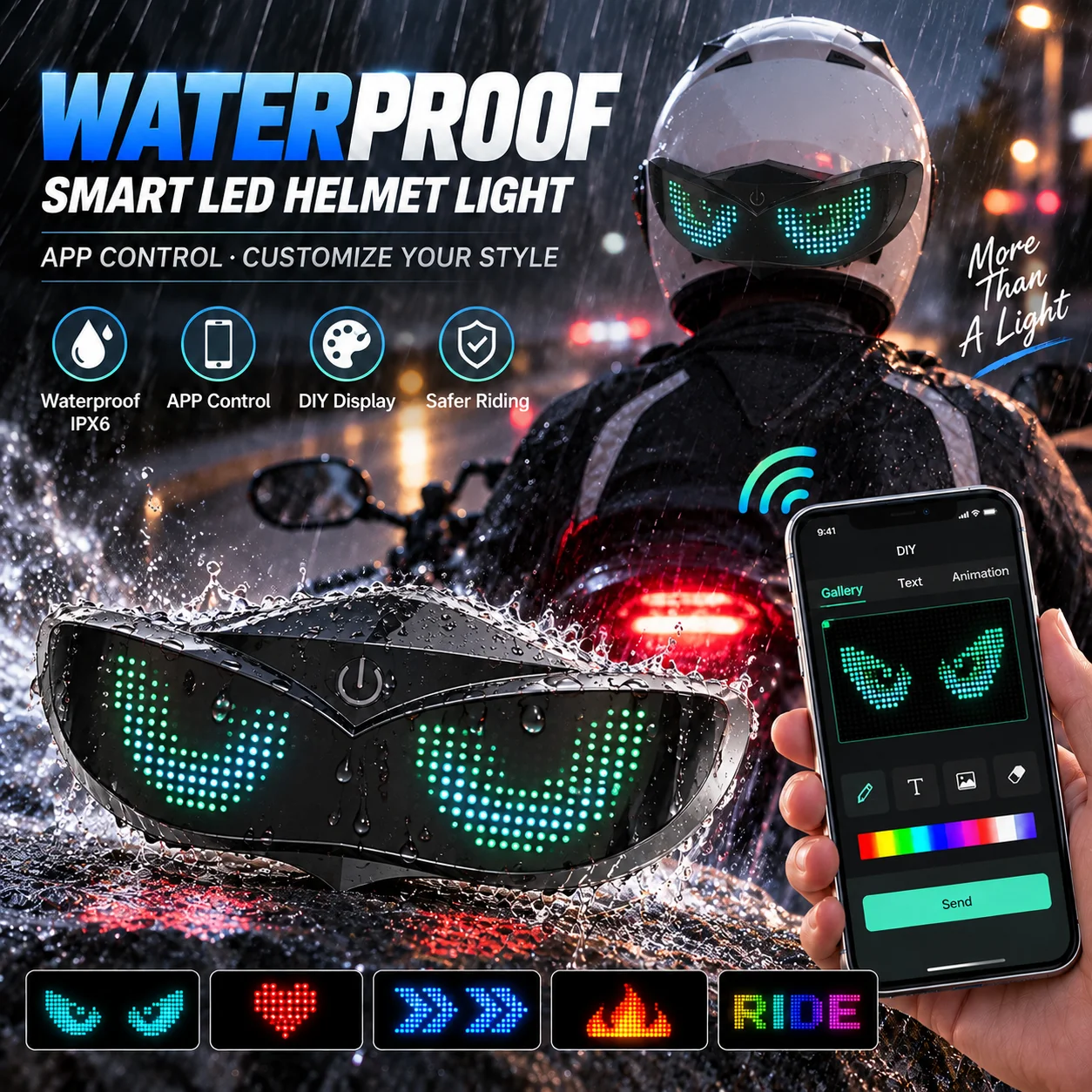LED Helmet Display Bicycle Motorcycle Helmet Tail Light Waterproof Safety Signal Warning Rear Lamp DIY LED RBG Screen Light
